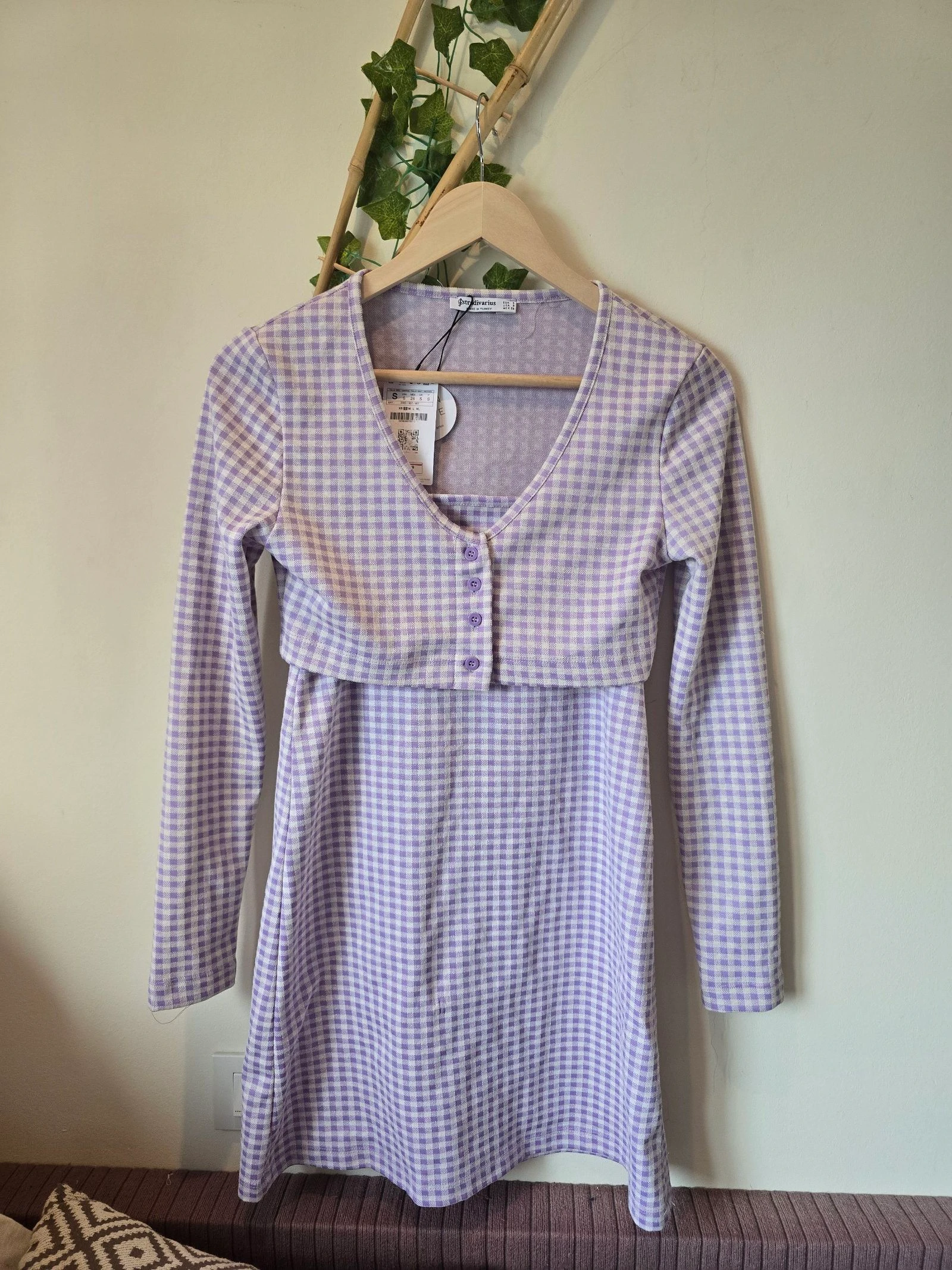 Conjunto de vestido y chaqueta de cuadros vichy lila y blanco de Stradivarius-Nuevo!
